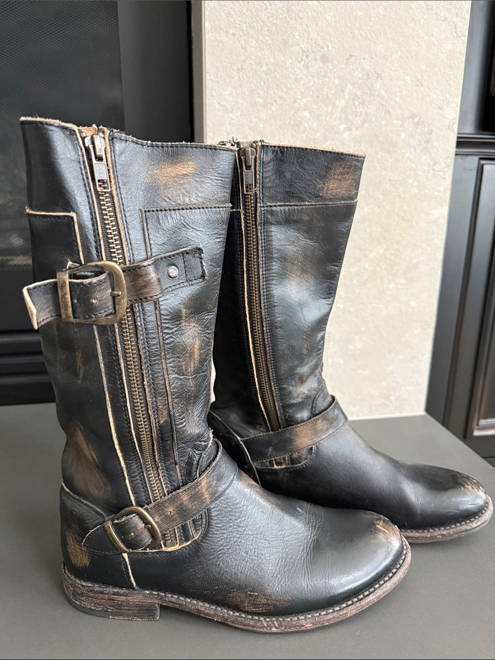 BED|STÜ tall black leather moto boots, women’s size 8
